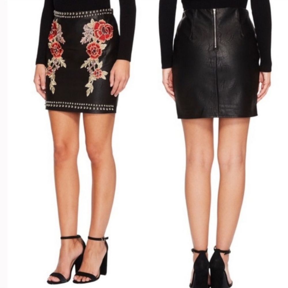 Studded faux leather skirt w/embroidery